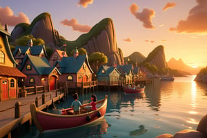 When the sun sets below the horizon, in the cartoon Disney Village, there are mountains and sea, familiar sounds and sights, boats, and people fishing on the shore.