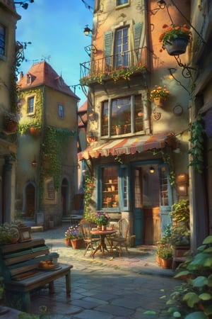 ((ultra ARTISTIC sketch)), (artistic sketch art) a magical detailed shabby style street with coble stones, an old bookstore streetfront, We see bread and coffee in the bakery window, morning light, beautiful terrace,Flower pots of various colors are planted outside the window, garden at home, light, brilliant SUNSET EVENING NIGHTFALL TWILIGHT light, afternoon light, afternoon sun, garden environment, cozy place, lush flowers outdoors, afternoon light, ivy, bonsai, table, stool, Intricate and detailed atmospheric refractive lighting of Unreal Engine 5 movie concept photography masterpiece Octane renders trends on CGSocietybest realistic, best details, best quality, 16k, [ultra detailed], masterpiece, best quality, (extremely detailed), ultra wide shot, photorealism, depth of field, hyper realistic painting, 3d rendering mysterious, Breathtaking VieW, Jean-Baptiste Monge, Kukharskiy Igor, Thomas wells schaller style, magical scenery, Nazar Noschenko Modifiers: dof trending on cgsociety fantastic view ultra detailed 4K 3D whimsical Storybook beautifully lit etheral Quirky Exquisite highly intricate stunning color depth outstanding cute illustration cuteaesthetic shadow play The mood is Mysterious and Spellbinding, with a sense of otherworldliness, macro photography style LEONARDO DIFFUSION XL STYLE