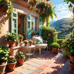 a miniature scene of a magical PROVENCE BALCONY with many potted plants and chairs, plants and terrace, summer morning light, beautiful terrace, garden at home, summer EVENING light, brilliant EVENING light, afternoon light, afternoon sun, garden environment, cozy place, lush flowers outdoors, afternoon light, ivy, bonsai, roses, table, stool,