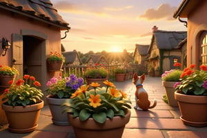 As the sun dipped below the horizon, village, there are dogs and cats, flower pots and gardens, the familiar sounds and sights. cartoonish disney