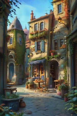 ((ultra ARTISTIC sketch)), (artistic sketch art) a magical detailed shabby style street with coble stones, an old bookstore streetfront, We see bread and coffee in the bakery window, morning light, beautiful terrace,Flower pots of various colors are planted outside the window, garden at home, light, brilliant SUNSET EVENING NIGHTFALL TWILIGHT light, afternoon light, afternoon sun, garden environment, cozy place, lush flowers outdoors, afternoon light, ivy, bonsai, table, stool, Intricate and detailed atmospheric refractive lighting of Unreal Engine 5 movie concept photography masterpiece Octane renders trends on CGSocietybest realistic, best details, best quality, 16k, [ultra detailed], masterpiece, best quality, (extremely detailed), ultra wide shot, photorealism, depth of field, hyper realistic painting, 3d rendering mysterious, Breathtaking VieW, Jean-Baptiste Monge, Kukharskiy Igor, Thomas wells schaller style, magical scenery, Nazar Noschenko Modifiers: dof trending on cgsociety fantastic view ultra detailed 4K 3D whimsical Storybook beautifully lit etheral Quirky Exquisite highly intricate stunning color depth outstanding cute illustration cuteaesthetic shadow play The mood is Mysterious and Spellbinding, with a sense of otherworldliness, macro photography style LEONARDO DIFFUSION XL STYLE