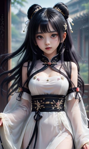 (masterpiece, best quality, ultra-detailed, best shadow), (beautiful detailed face), high contrast, (best illumination, an extremely delicate and beautiful), ((cinematic light)), colorful, hyper detail, dramatic light, intricate details, fantasy, (1,25 year old girl, black hair,big black eyes, small breasts, (sleeves transparent white hanfu:1.3), dynamic angle), depth of field,golden light particles,magic circle,hyper detailed, highly detailed , beautiful, small details, ultra detailed, best quality, 4k, (good anatomy), more detail XL, opaque dress, cut sleeves, black hair, black eyes, long hair, straight hair, very happy, jewelry, earrings, hair accessories , jewelry