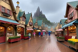 In the cartoon Disney village, there are cloudy days and heavy rain, and there are familiar sounds and sights, including mountains, seas, boats, bakeries, bookstores, flower shops, and cafes.