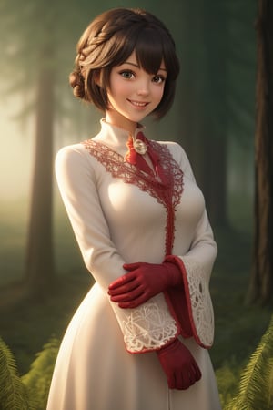 (FILIGREE:1.4), dr24whitemage,masterpiece,extremely detailed CG unity 8k wallpaper,1girl, beautiful, realistic, blurry_background, blurry_foreground, UPDO HAIR, depth_of_field,beautiful face, gloves, evergreen forest, DISNEY STYLE, PIXAR STYLE, FOGGY BACKGROUND, dr24whitemage, 1girl, garnet til alexandros xvii, brown eyes, black hair, full moon, looking at viewer, official alternate costume, smile, short hair, 