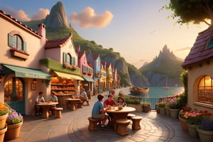 As the sun dipped below the horizon, the village has bakeries, bookstores, restaurants, flower pots and gardens, mountains and sea, the familiar sounds and sights. cartoonish disney, there is a boat, there are round tables outside the book shop, and people are sitting reading books