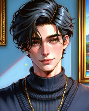 score_9, score_8_above, (1 man), artwork, best quality, high resolution, beautiful figure painting,  front view, hdr ,ultra quality, elegant, highly detailed,Wearing dark blue V-neck sweater,smile, dark black eyes,short hair