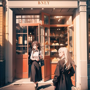 Masterpiece, Top Quality, High Definition, Artistic Composition, One Girl, French Bakery, Shopping Inside, Old Building, Looking Away, Smiling, Casual Fashion, Bold Composition, High Contrast, Portrait