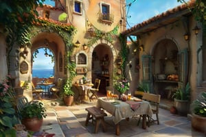 ((ultra ARTISTIC sketch)), (artistic sketch art) a magical Evening A MAGICAL GREEK BAKERY SHOP TERRACE Shabby chic, romantic, cozy, warm MAGICAL beach BEHIND. Cushions, blankets lovely garden in front, vine on the walls, morning light, beautiful terrace, Garden outside bakery,There are bread and coffee pot on the table,brilliant SUNSET EVENING NIGHTFALL magical TWILIGHT light, afternoon light, afternoon sun, garden environment, cozy place, lush flowers outdoors, afternoon light, ivy, bonsai, table, stool, Intricate and detailed atmospheric refractive lighting of Unreal Engine 5 movie concept photography masterpiece Octane renders trends on CGSocietybest realistic, best details, best quality, 16k, [ultra detailed], masterpiece, best quality, (extremely detailed), ultra wide shot, photorealism, depth of field, hyper realistic painting, 3d rendering mysterious, Breathtaking VieW, Jean-Baptiste Monge, Kukharskiy Igor, Thomas wells schaller style, magical scenery, Nazar Noschenko Modifiers: dof trending on cgsociety fantastic view ultra detailed 4K 3D whimsical Storybook beautifully lit etheral Quirky Exquisite highly intricate stunning color depth outstanding cute illustration cuteaesthetic shadow play The mood is Mysterious and Spellbinding, with a sense of otherworldliness, macro photography style LEONARDO DIFFUSION XL STYLE