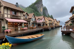 It was cloudy and rainy, with familiar sounds and sights, cartoons and Disney, mountains and sea ((someone was sitting on a boat fishing)), and a bakery, bookstore, flower shop, and restaurant in the village.