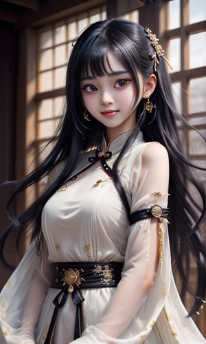 (masterpiece, best quality, ultra-detailed, best shadow), (beautiful detailed face), high contrast, (best illumination, an extremely delicate and beautiful), ((cinematic light)), colorful, hyper detail, dramatic light, intricate details, fantasy, (1,25 year old girl, toothy smile,black hair,big black eyes, flat chest, (sleeves transparent light yallow hanfu:1.3), dynamic angle), depth of field,golden light particles,magic circle,hyper detailed, highly detailed , beautiful, toothy small details, ultra detailed, best quality, 4k, (good anatomy), more detail XL, opaque dress, cut sleeves, black hair, black eyes, long hair, straight hair,  jewelry, earrings, hair accessories , jewelry