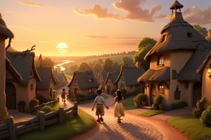 As the sun dipped below the horizon, they approached their village, the familiar sounds and sights welcoming them back. cartoonish 
disney