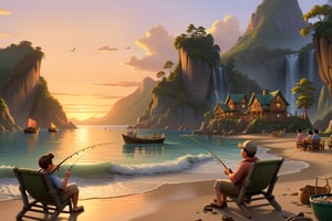 When the sun drops below the horizon, cartoon Disney, there are mountains and waterfalls, the sea, villages, and boats on the seashore. People are sitting on chairs fishing around the shore. There are fish buckets and fishing gear next to the chairs.