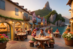 As the sun dipped below the horizon, the village has bakeries, bookstores, restaurants, flower pots and gardens, mountains and sea, the familiar sounds and sights. cartoonish disney, there is a boat, there are round tables outside the book shop, and people are sitting reading books