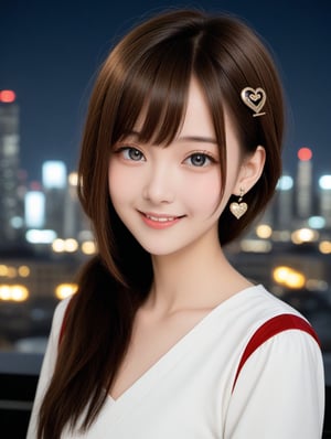 Dark gray eyes, golden brown hair, long hair, bangs, earrings, white dress, standing, looking at viewer, upper body, cityscape, toothy smile, heart-shaped hairpin,short hair,Half tied hair