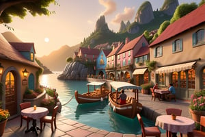 As the sun dipped below the horizon, the village has bakeries, bookstores, restaurants, flower pots and gardens, mountains and sea, the familiar sounds and sights. cartoonish disney, there is a boat, there are round tables outside the book shop, and people are sitting reading books