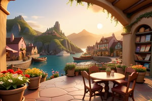 As the sun dipped below the horizon, the village has bakeries, bookstores, restaurants, flower pots and gardens, mountains and sea, the familiar sounds and sights. cartoonish disney, there is a boat, there are round tables outside the book shop, and people are sitting reading books