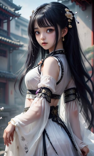 (masterpiece, best quality, ultra-detailed, best shadow), (beautiful detailed face), high contrast, (best illumination, an extremely delicate and beautiful), ((cinematic light)), colorful, hyper detail, dramatic light, intricate details, fantasy, (1,25 year old girl, black hair,big black eyes, small breasts, (sleeves transparent white hanfu:1.3), dynamic angle), depth of field,golden light particles,magic circle,hyper detailed, highly detailed , beautiful, small details, ultra detailed, best quality, 4k, (good anatomy), more detail XL, opaque dress, cut sleeves, black hair, black eyes, long hair, straight hair, happy_face, jewelry, earrings, hair accessories , jewelry