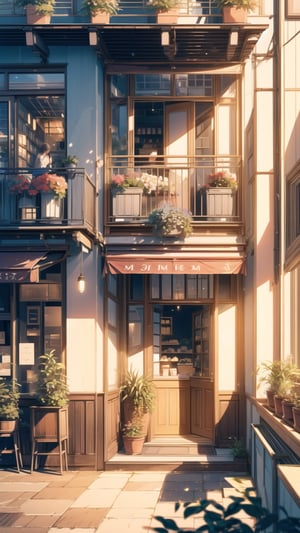 (masterpiece),((ultra-detailed)), (highly detailed CG illustration),(expressionless), (best quality:1.2), High quality texture, intricate details, detailed texture, High quality shadow, Cinematic Light, Depth of field, light source contrast, perspective, no humans

A building with a balcony with potted plants on the balcony, photorealistic painting by jeonseok lee, no splash, beautiful and aesthetic, Cozy bakery background, bakery, art house aesthetic, flower shop scene, art house aesthetic, beautiful terrace, Pleasant and cozy atmosphere, cozy place, coffee shop