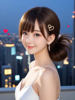 Dark gray eyes, golden brown hair, long hair, bangs, earrings, white dress, standing, looking at viewer, upper body, cityscape, toothy smile, heart-shaped hairpin,short hair,Half tied hair