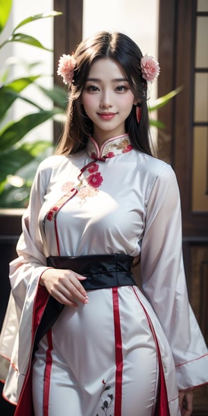 Wearing a Chinese fairy white one-piece Hanfu, Chinese dress hairstyle, Chinese jewelry,long hair, straight hair,smile,Long-sleeved shirt, one-piece Hanfu, immortal Hanfu