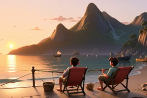 When the sun sets below the horizon, cartoon Disney, there are mountains and sea, people sitting on chairs fishing around the seaside, and boats on the seaside