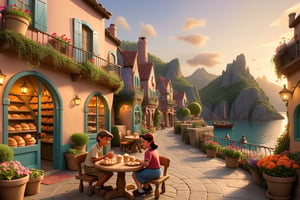 As the sun dipped below the horizon, the village has bakeries, bookstores, restaurants, flower pots and gardens, mountains and sea, the familiar sounds and sights. cartoonish disney, there is a boat, there are round tables outside the book shop, and people are sitting reading books