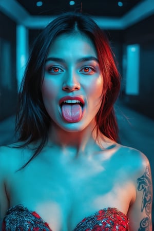 A young and beautiful Latina woman was possessed by an evil spirit that glowed red behind her in the lobby of a modern office building. Naked, she showed a sinister and evil smile, and her eyes glowed with a terrifying red light,Face,Neon,Glow,Glow neon line and dots on skin,redeyes,nipples,(tattoo),(red eyes),(naked),((tongue_out)),NSFW