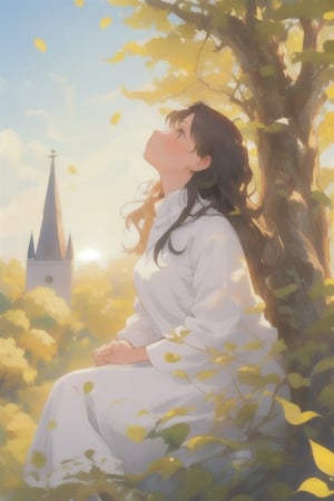 "A beautiful scene with an ancient, ruined white church wall beside a lush green tree. Under the tree sits a Western girl with golden long hair, looking up at the blue sky with a melancholic expression. Sunlight filters through the leaves, casting a warm glow on her. The atmosphere is romantic and sacred."