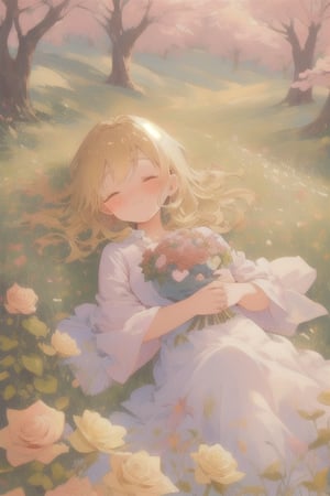 "A romantic, whimsical image of a beautiful blonde girl with her eyes closed, lying in a field of colorful roses. The scene has a dreamy and serene expression with a detailed floral background and soft pastel colors, capturing the ethereal and peaceful essence of spring."
