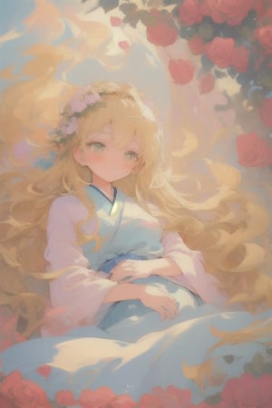 Create an illustration in Japanese shoujo manga style of a beautiful blonde Western girl lying in a colorful sea of roses. The image should have a spring atmosphere with vibrant colors and soft lighting. The girl should be in a front view with delicate features and a dreamy expression, surrounded by detailed flowers. The overall mood should be romantic and whimsical."