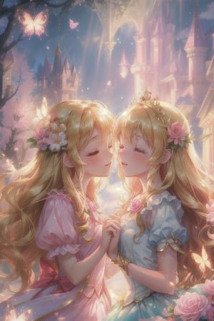 princess, gold hair, blue eyes, pink dress, long hair, flowing hair, gentle smile, graceful, elegant, beautiful, delicate features, rose-themed, floral accents, magical aura, fantasy setting, soft lighting, magical glow, whimsical, dreamlike, enchanting atmosphere, storybook-like, fairytale-inspired, surrounded by nature, magical creatures, enchanting forest, glowing flowers, butterfly accessories, delicate butterfly wings, gentle breeze, flowing dress, peaceful, serene, magical powers, glowing eyes, magical symbols, enchanted rose, fairy tale castle, magical landscape, fantasy art, masterwork, high quality, ultra-detailed, ethereal beauty, otherworldly, fantasy lighting."