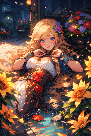 (masterpiece), best quality, high resolution, extremely detailed, detailed background, dynamic lighting, realistic, photorealistic, princess,1 girl,
blonde long hair, lying in a sea of flowers, one hand touching face, facing viewer , realistic