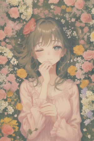 A romantic, whimsical image of a beautiful blonde girl with her eyes closed, lying in a field of colorful roses. The scene has a dreamy and serene expression with a detailed floral background and soft pastel colors, capturing the ethereal and peaceful essence of spring.