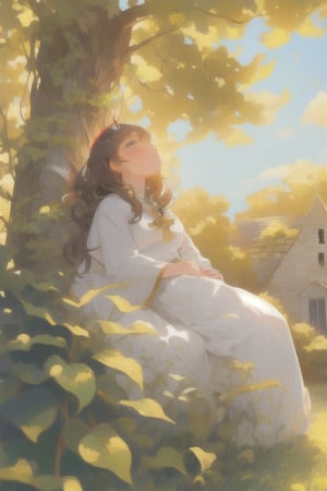 "A beautiful scene with an ancient, ruined white church wall beside a lush green tree. Under the tree sits a Western girl with golden long hair, looking up at the blue sky with a melancholic expression. Sunlight filters through the leaves, casting a warm glow on her. The atmosphere is romantic and sacred."