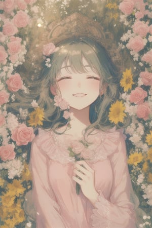 "A beautiful blonde girl with closed eyes, lying in a field of colorful roses. The scene is romantic and dreamy with a mystical atmosphere, capturing the essence of spring. The lighting is soft, highlighting her delicate features and gentle smile, creating an ethereal and serene image with pastel colors."