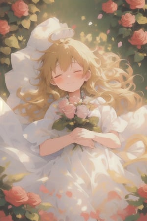 Shinkai Makoto style, beautiful Western girl with closed eyes, bright blonde long hair, and delicate features, lying in a colorful rose garden, spring atmosphere, beautiful light and shadow."