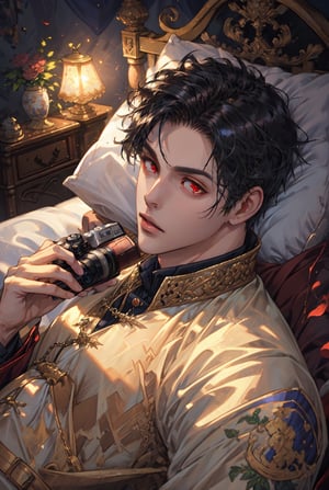 (masterpiece), best quality, high resolution, extremely detailed, detailed background, dynamic lighting, realistic, photorealistic, Prince, one man, just woke up look, handsome, sexy,lying in bed, dreamy eyes,black hair, red eyes,facing viewer,1boy,camera shooting down from directly above the bed