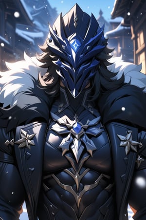 (masterpiece, best quality, absurdres, very aesthetic), dynamic cinematic view, chiaroscuro, solo, long hair, black hair, 1boy, upper body, male focus, coat, fur trim, mask, snowing, fur-trimmed coat, full mask, helmet, full face helmet, armor, bara, muscular_male, capitano(genshin_impact), genshin_impact