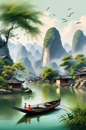 (masterpiece),(best quality),8k,high detailed, ultra-detailed,A beautiful landscape of Guilin with green mountains, clear waters, a small boat floating on the river, ,1Guilin landscape,(green mountains),(clear water),(small boat),(birds),(houses by the river)