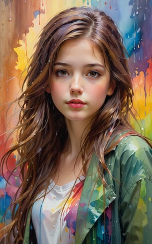 1girl, solo, long hair, looking at viewer, brown hair, closed mouth, upper body, mole, lips, colorful abstract paint on the wall behind her. water color, rain by Daniel Gerhartz