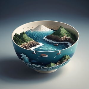 Beautiful and beautiful views of the ocean in Japan,greg rutkowski,isometric style, on a bowl