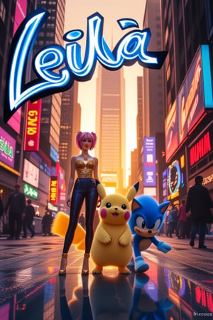 In a vibrant, bustling cityscape bathed in the warm glow of the golden hour, Bulma stands confidently beside Pikachu, whose cheeks spark with electric energy, while Sonic zips around them in a blur of cobalt blue. The trio is framed against a backdrop of towering skyscrapers adorned with neon lights, casting a playful reflection on the pavement below. Above them, the name 'Leila' is artistically painted in bold, swirling graffiti, intertwining with the urban art that tells stories of adventure and friendship. The air is filled with the sounds of laughter and excitement, as passersby pause to admire this extraordinary gathering. Bulma, in her signature outfit, exudes intelligence and charm, while Pikachu radiates warmth and joy, and Sonic embodies the thrill of speed and freedom, creating a dynamic tableau that captures the essence of camaraderie in this lively metropolis.