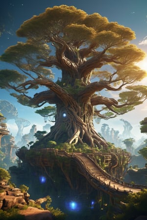 Subject: A massive, glowing Tree of Life with intricate branches and a radiant core. The tree's trunk is interwoven with metallic structures and supports numerous platforms. Environment/Background: A futuristic landscape with floating islands and advanced technology. The background is rich in detail, showcasing a blend of nature and technology. Image Type: Detailed environment illustration in Stable Diffusion art style. Art Styles: Stable Diffusion, futuristic, detailed, rich textures, ambient lighting. Inspirations: Avatar, Horizon Zero Dawn. Camera/Shot: Wide-angle shot, capturing the entire Tree of Life and its surroundings, with a focus on the intricate details of the tree and the advanced landscape. Lighting: Soft, ethereal light with glowing highlights and gentle shadows. Render-related: High resolution, smooth lines, detailed textures, dynamic shading, and a blend of natural and technological elements.