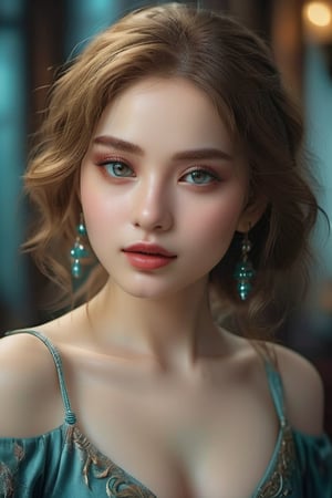 A cinematic photo of an enchanting and alluring woman, exquisitely beautiful, in high-contrast, warm-toned digital photography, capturing the subtle dance of light on her porcelain skin. Her delicate features are rendered in lifelike precision, from the whisper-thin eyelashes to the full, rosy lips, against a backdrop of soft, gradient blues and purples, evoking a mystical, dreamlike atmosphere. Vibrant crimson accents adorn her luxurious, flowing attire, imbuing the scene with a sense of opulence and mystique, as her piercing emerald gaze beckons the viewer into her intimate, mystical realm.