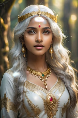 "A beautiful Indian woman with glowing skin and eyes that shimmer with an otherworldly light. She has flowing, white hair adorned with gold ornaments. She stands amidst a magical forest bathed in soft, ethereal light."
