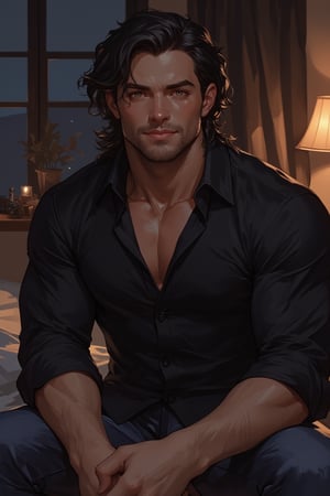 solo_male, 1boy, portrait, semi-realistic, sitting down, in a bedroom, masterpiece, brown eyes, grinning, long length hair, stubble, black hair, (black band shirt and denim jeans), dark atmosphere, human, (clothing), handsome, mature, alluring, perfect anatomy, perfect proportions, dynamic, (whole body in frame), pale skin, modern, outside, sophisticated, perfecteyes, minimal lineart, strong body, dynamic lighting, painting,niji5,niji6