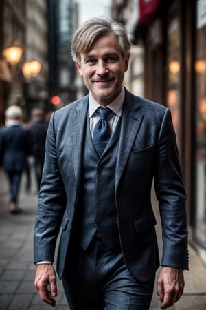 A photorealistic masterpiece captures the essence of a 60-year-old Englishman standing outdoors on a bustling street. Navy blue silk pants and blazer adorn his slender frame, blending seamlessly with the blurred background. His short, grey hair is styled straight, framing his full lips and bright blue eyes that sparkle with mischief. A discreet smile plays on his lips as he gazes directly at the camera, exuding a sense of quiet confidence. The image is rendered in supreme resolution, 32K ultra-sharp quality, showcasing intricate details, perfect focus, and meticulous nuances from head to toe, including his perfectly proportioned hands and feet.