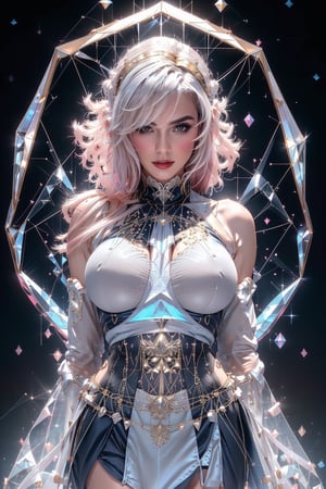 Dark aesthetic (translucent polycarbonate costume), polycarbonate plastic frame, stunning unreal engine rendering, intricate details (Beautiful woman with a face of ethereal beauty, with a perfectly symmetrical facial structure. 

Her natural tone skin is free of any imperfections.

 Her eyes are large and a deep blue color, with an intense and penetrating gaze that seems to pierce any barrier.

 Well-defined, arched eyebrows frame her eyes, giving an expression of severity and wisdom. 

Her nose is small and delicate, with a gently curved bridge. 

Her lips are a natural pink, well-formed and slightly full, adding a touch of sensuality to her face.

Her hair is a vibrant blue color, which falls in loose curls around her face and just below her shoulders. 
The strands of her hair are voluminous and with a natural shine, giving an appearance of constant movement and vitality. 
The unusual color of her hair highlights her unique and mystical character.

 Her tits are firm, large and perfectly proportioned, with a natural curvature that suggests strength and femininity.

Her abdomen is flat and sculpted, with well-defined muscles that reflect her strength and discipline. The skin in this area is smooth and taut, highlighting her impeccable physical condition.

She has a narrow and well-marked waist, which is accentuated by the line of her hips, creating an hourglass figure that highlights her elegance and grace.

 Her hips are proportionate, with a gentle curve that sweeps toward her thighs.
 This region of her body suggests a perfect balance between femininity and strength.

Her buttocks are firm and rounded, with a toned appearance that indicates considerable physical strength. They are well defined and proportionate to the rest of her figure.

Her thighs are robust and muscular, a sign of great physical power. 

Her long, slender legs display a combination of strength and grace, with each muscle clearly defined. Her thighs taper to firm knees, continuing to shapely calves and slender but strong ankles.
She wears a costume with a high, tight-fitting collar. The costume features a gold border that frames a small sky blue inverted triangle in the center, radiating an air of royalty and sophistication. This blue triangle serves as a charming focal point that catches the light, creating a hypnotic glow around her face.

In her chest area it is masterfully decorated with a series of golden straps that intersect on a pure white background. These straps form an elegant geometric pattern, converging on a sky blue diamond crystal, which rests right in the center, accentuating her bust.

She wears light blue curved lines that run along the base of the bust, not only providing a decorative touch, but also highlighting the natural shape of the breasts, giving an impression of delicacy and precision in the design.

The left shoulder is completely covered with a design that combines black and gold. This design includes a small blue crystal, adding a sophisticated detail that contrasts beautifully with the dark tone of the material.

The right shoulder is exposed, providing an asymmetrical and daring touch to the outfit. Three light blue horizontal lines adorn this area, providing balance and continuity to the overall design.

 From the base of the bust to the waist, the garment fits perfectly to the abdomen with a white fabric that enhances the figure, projecting a toned and slim appearance. A diamond-shaped sky blue crystal adorns the center, perfectly aligned with the other crystals in the costume.

These gold details are distributed symmetrically along the abdomen, creating a harmonious pattern that adds a subtle but effective ornamental touch.

She wears a white skirt that starts right at her waist and extends to the top of her thighs in a short length that is both elegant and provocative. Two black decorative panels, with gold edges and light blue motifs, hang from the waist, accentuating the structure of the skirt and adding a dramatic touch.
The Skirt On the right side of the skirt, an additional black fabric panel falls in an elegant shape below the thighs, adding movement and fluidity to the ensemble. This asymmetrical panel offers a dynamic contrast to the symmetry of the rest of the design.

It has a third sky blue crystal located just below the waist, harmonizing with the other crystal elements of the outfit. This crystal focuses attention on the waist, highlighting the hourglass-shaped silhouette.

It has Decorations and Accessories On each side of the skirt, with gold motifs and light blue details in the white central part of the skirt. They add an element of continuity and cohesion to the overall design.
The bottom edge of the skirt is adorned with black and gold details, aligning perfectly with the other decorative elements of the set. This detailed border provides a polished and sophisticated finish to the outfit.), oil painting