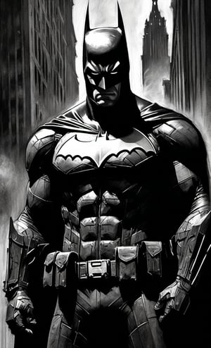 CharcoalDarkStyle, Batman with combat weathered armors suit, top of a building, source_anime, Gotham City, facing fears, splashes of dark black to faint light grey, solo,  Poorly_lit, Dark, Shadows, sadness, confusion, depravade, crawling, begging the skies for help, dark, sketch, drawn with charcoal, monochrome, black and white, (Masterpiece:1.3) (best quality:1.2) (high quality:1.1) 