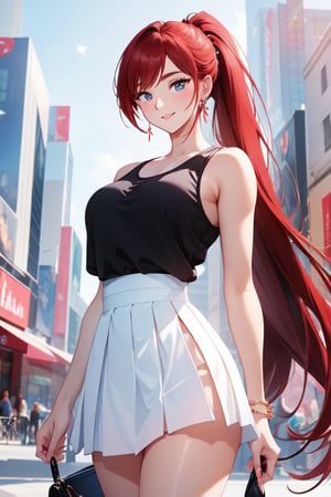 Pretty and beautiful girl. She wears a very fancy summer casual outfit (Black sportswear, white blouse, white tennis). She is a very badass. Hyperdetailing masterpiece, hyperdetailing skin, masterpiece quality, with 4k resolution. Tender gaze. Very long hair, ponytail hairtyle, red hair. Blue eyes. She is smiling. Park in background. beautiful and shiny skin, beautiful and detailed eyes, beautiful and detailed outfit. Detailed hands. Beautiful adbomen. proportional body. City in background.